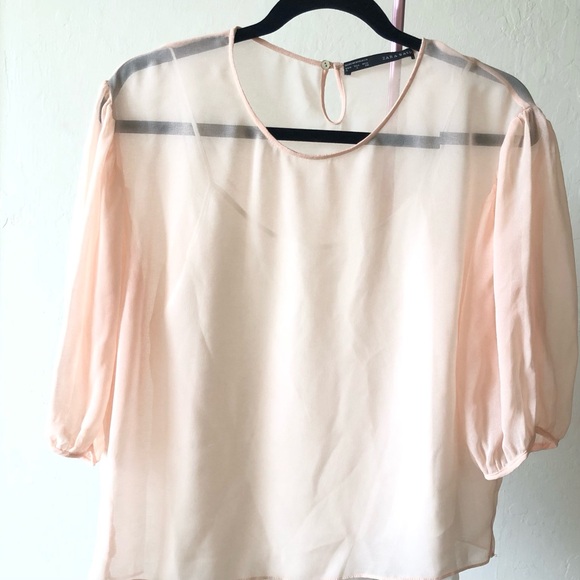 Zara Basic sheer blouse pink and white. Size S - Picture 4 of 5